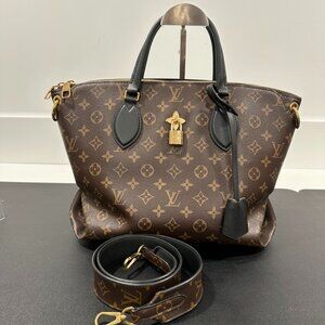 Louis Vuitton Monogram Flower Zipped Tote MM Black Leather Trim (JB1398)